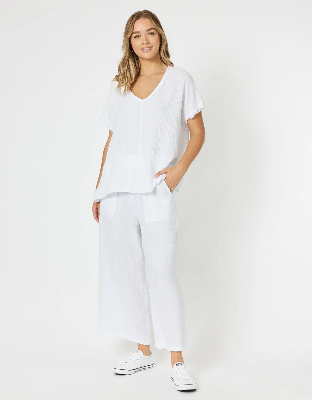 Byron Cotton V Neck Top - White