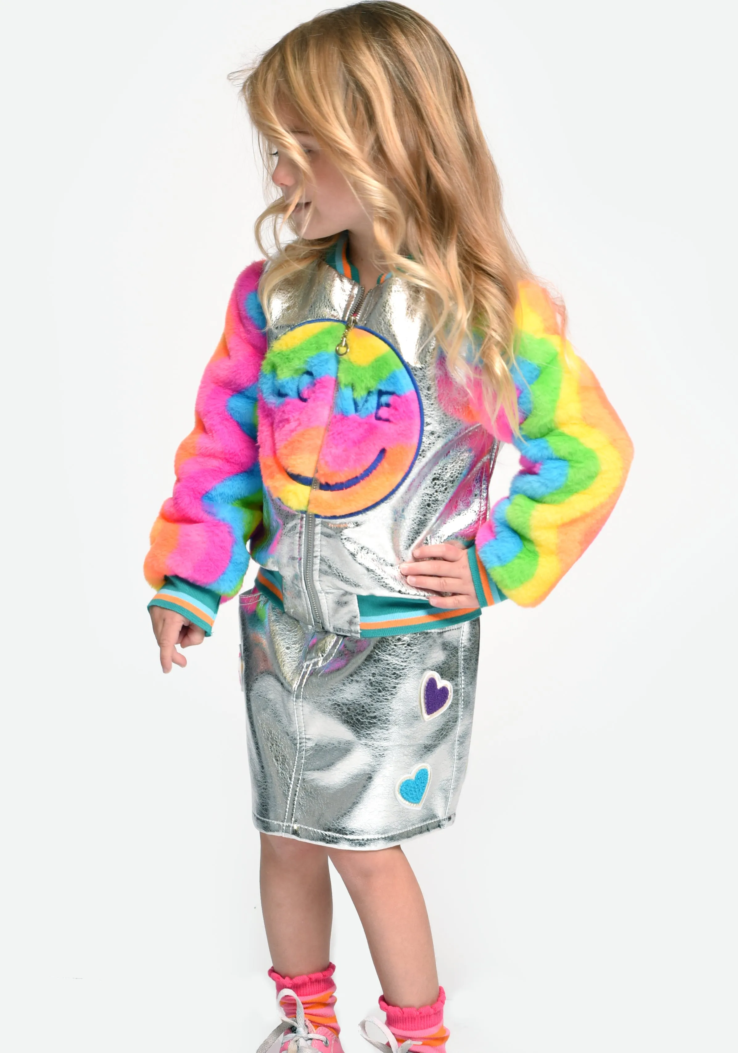 Girls Rainbow Faux Fur & Faux Leather Love Patch Detail Bomber Jacket