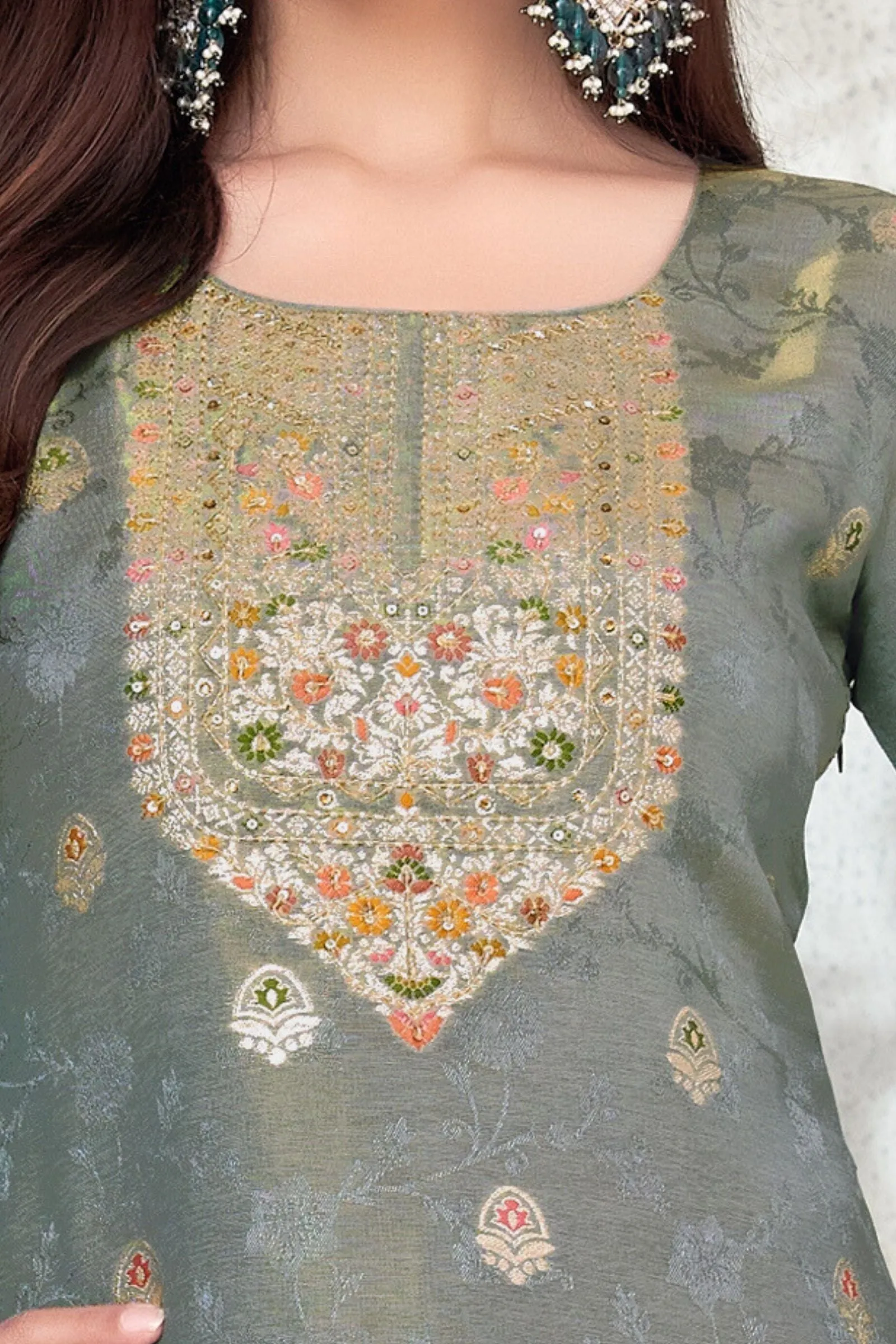 Grey Banaras, Beads and Sequins work Straight Cut Salwar Suit