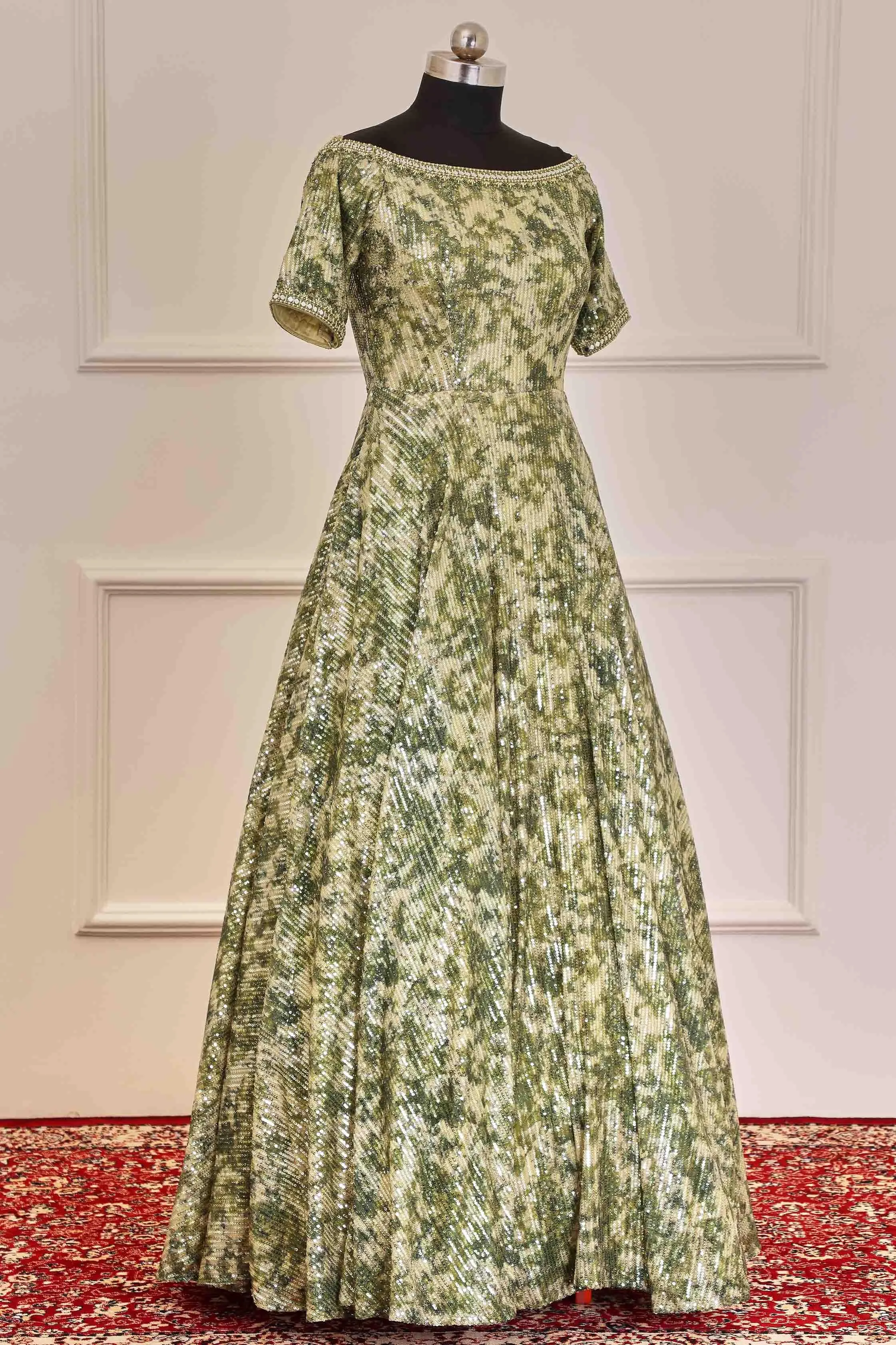 Mehendi Green Sequins, Thread, Mirror and Pearl work Bridal and Partywear Gown